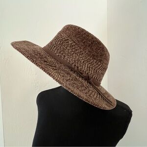 Chenille Knit Fedora Hat Brown Suede Cord Band Western Boho Soft Woven Braided